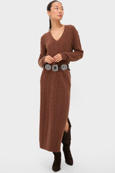 Gingerbread Brown Melange Alpaca Blend Sweater V-Neck Long Sleeve Dress